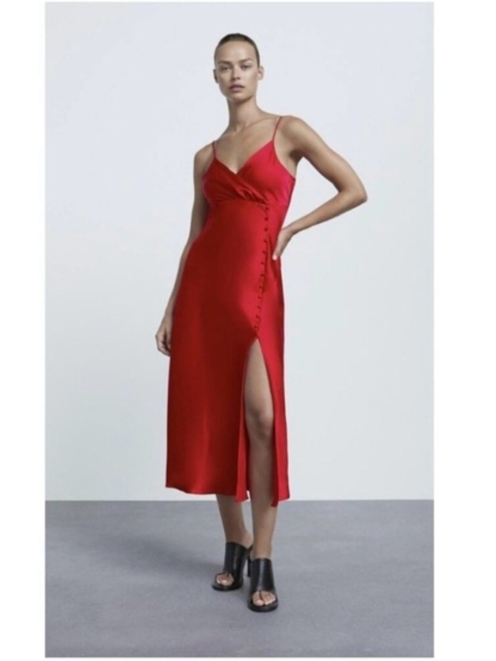 Zara Red Satin Midi Slip Dress with Side Buttons
